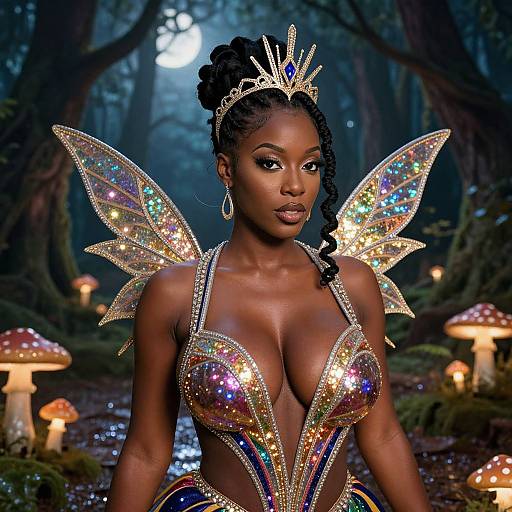 Fantasy Fairy Queen Woman with Sparkling Wings in Enchanted Forest