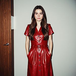 Woman in Red Faux Leather Midi Dress with Belt and Buttons