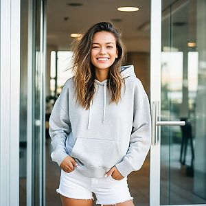 Confident Young Woman in Hoodie and Shorts