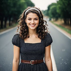 Young woman in polka dot dress on tree-lined road