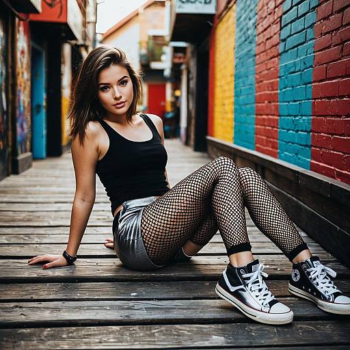 Edgy Young Woman in Fishnet Tights and Metallic Shorts Sitting on Urban Alley Walkway