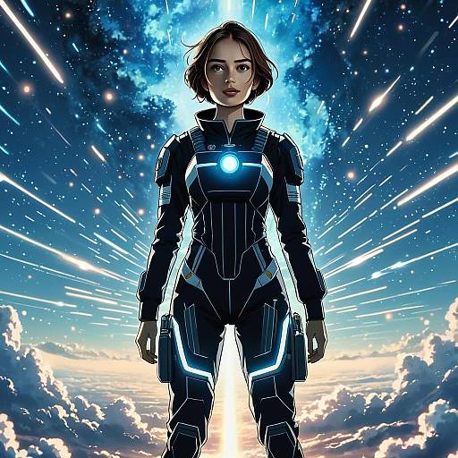 Futuristic Woman in Glowing Space Suit with Cosmic Background