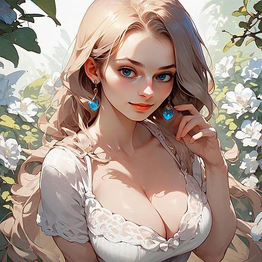 Anime Style Portrait of Young Woman with Blue Eyes and White Dress