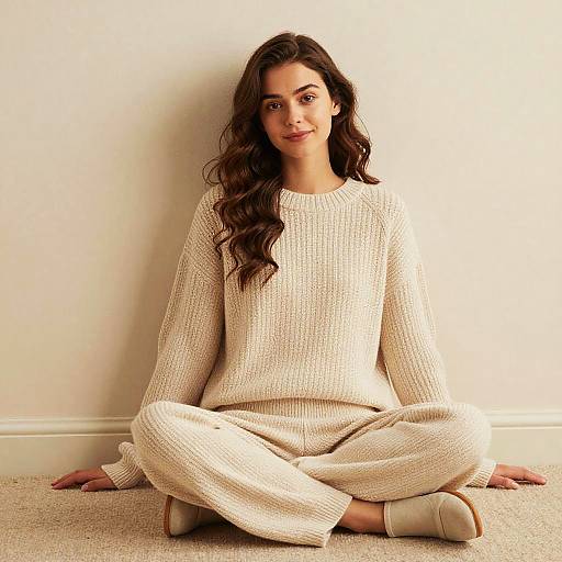 Casual Cozy Knitwear Outfit Woman Sitting on Carpet