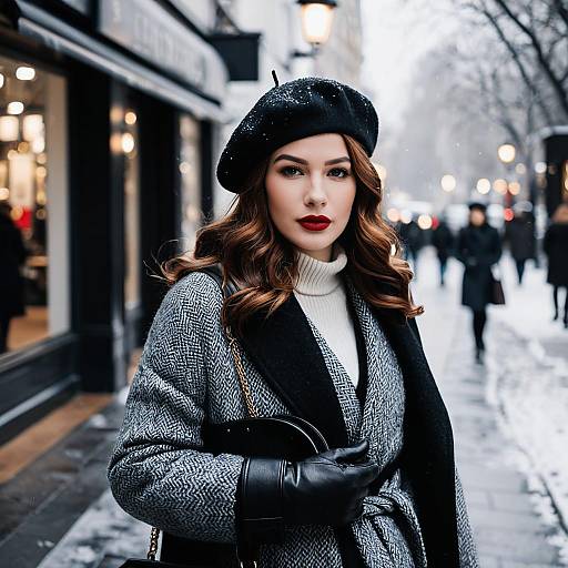 Stylish Woman in Winter Fashion on Snowy City Street