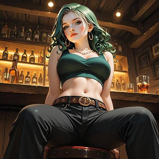 Anime Illustration of Confident Woman in Stylish Outfit at Bar