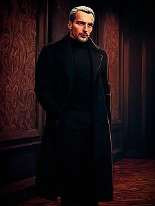 Confident Man in Stylish Black Outfit in Ornate Interior