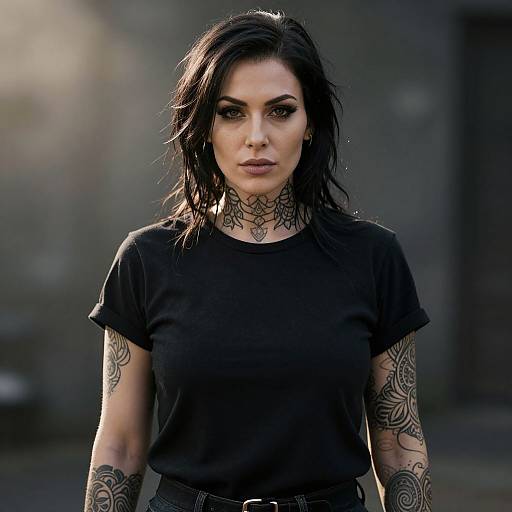 Portrait of Tattooed Woman in Black T-Shirt with Dark Hair