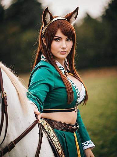 Aston Machan Umamusume Cosplay with White Horse Outdoors