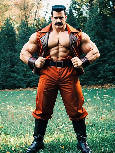 Man Cosplaying as Mike Haggar in Realistic Costume Outdoors