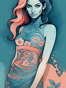 Stylized Woman with Pastel Hair and Floral Patterns