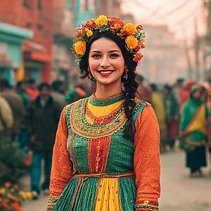 Woman in Colorful Traditional Dress with Floral Crown
