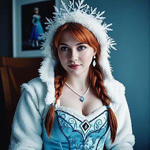 Woman in Icy Blue Anna Inspired Frozen Costume with White Fur Hood