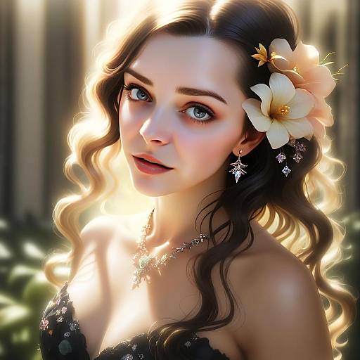 Elegant Woman with Floral Hair Accessories in Detailed Anime Style Portrait