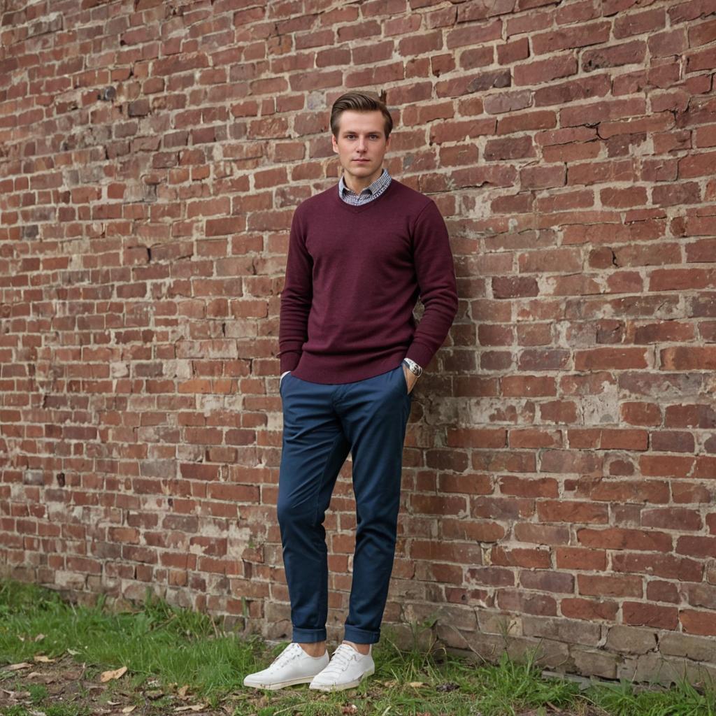 Confident Man in Smart Casual Attire Against Brick Wall