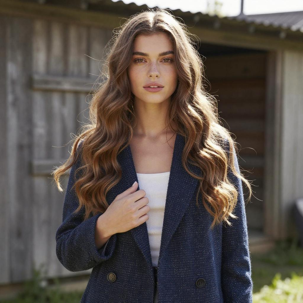Young Woman in Navy Coat with Wavy Hair Outdoor Portrait