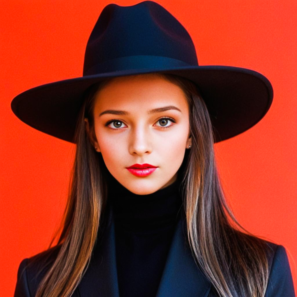 Confident Young Woman in Black Hat and Outfit