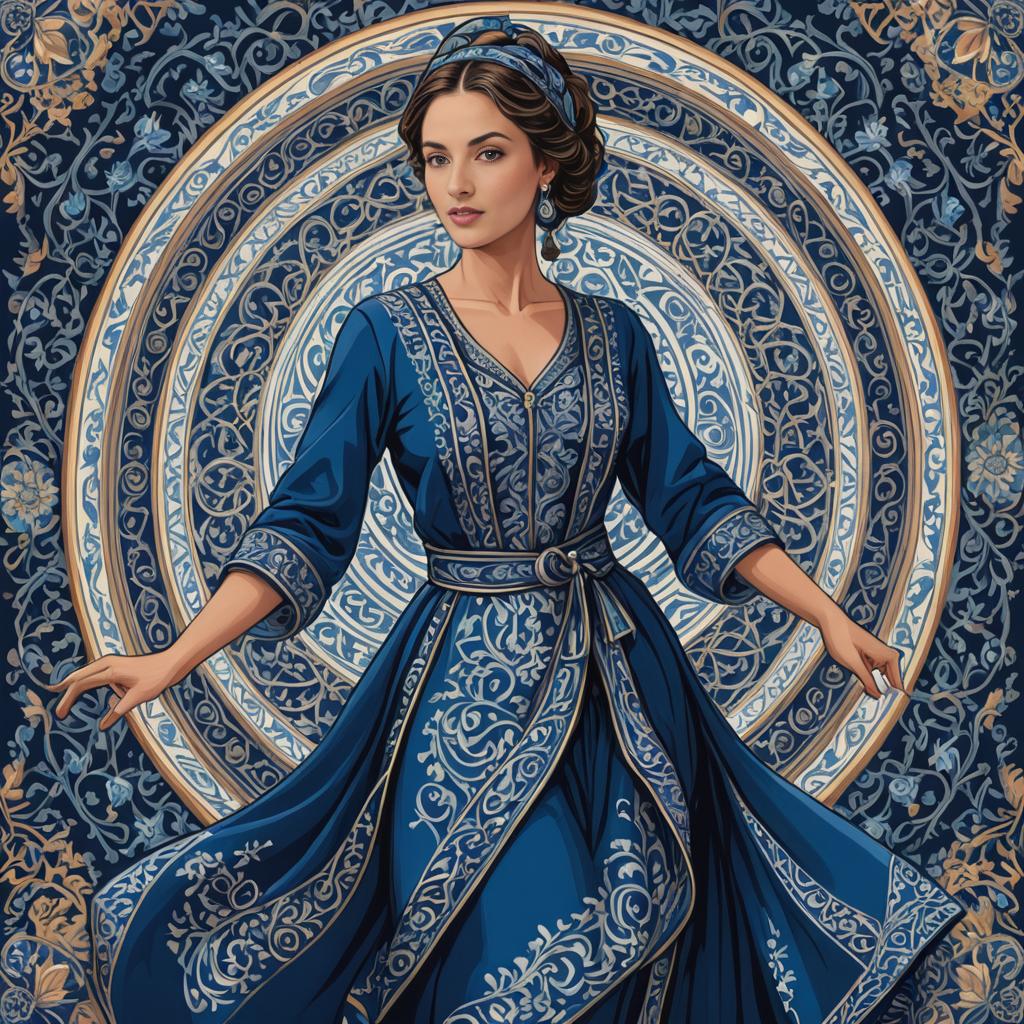 Elegant Woman in Blue Apron with Ornamental Design