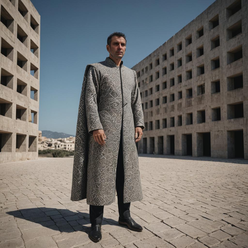 Confident Man in Geometric Coat Against Modern Architecture