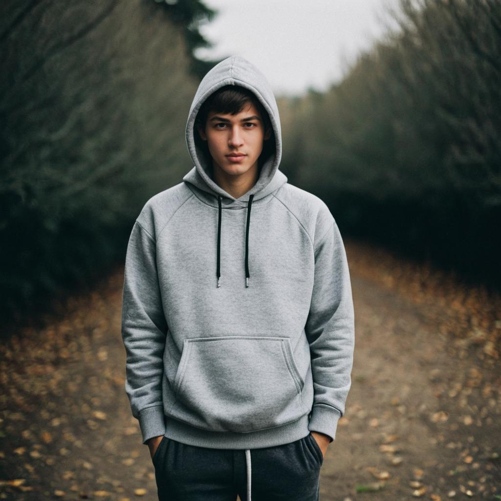 Young man in grey streetwear on a leaf-strewn path
