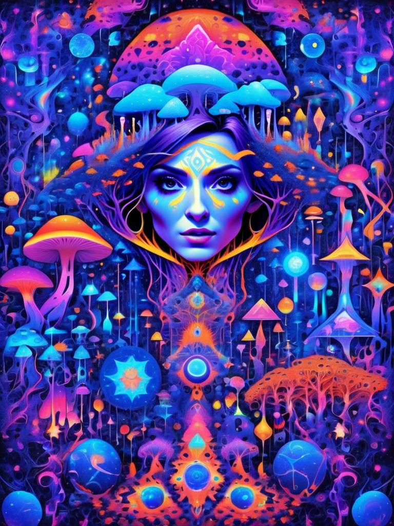 Psychedelic Neon Mushroom Fantasy with Woman's Face
