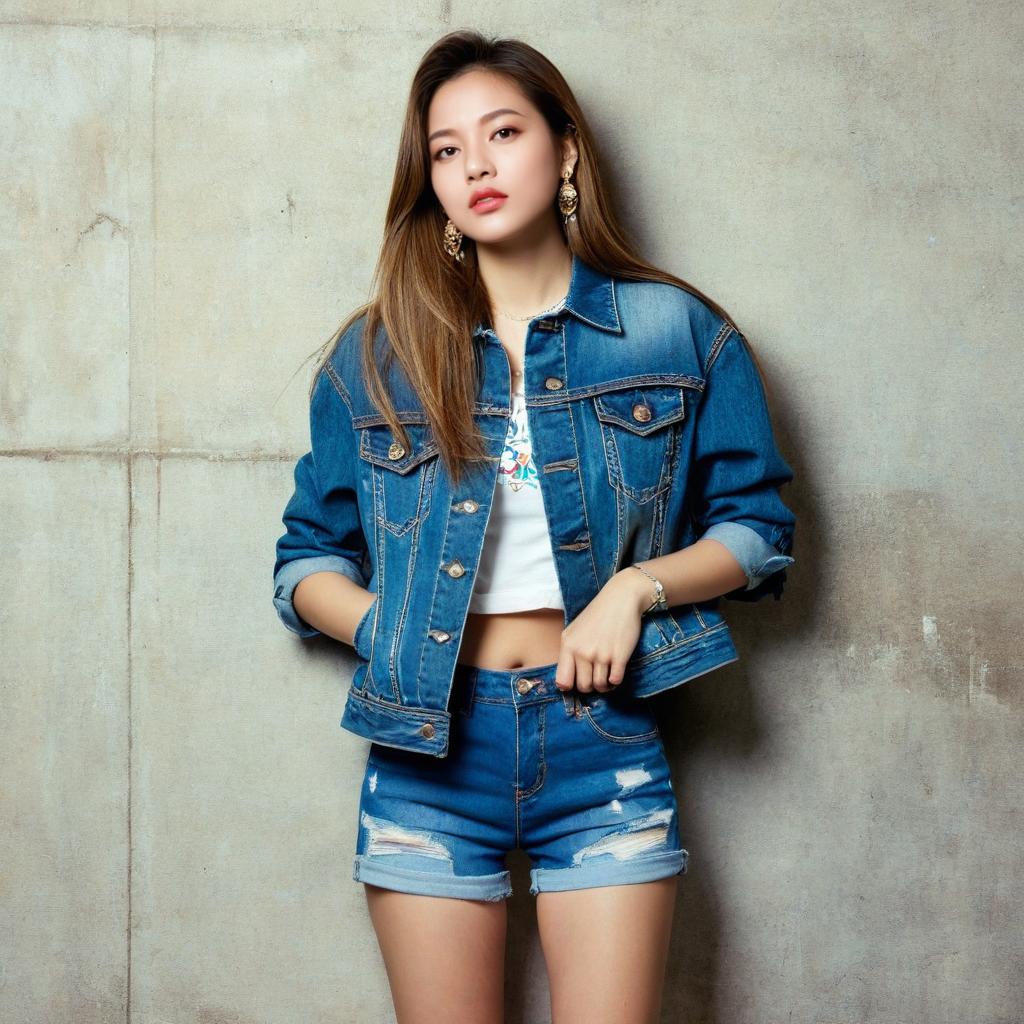 Young Woman Posing in Denim Jacket and Distressed Shorts Against Concrete Wall