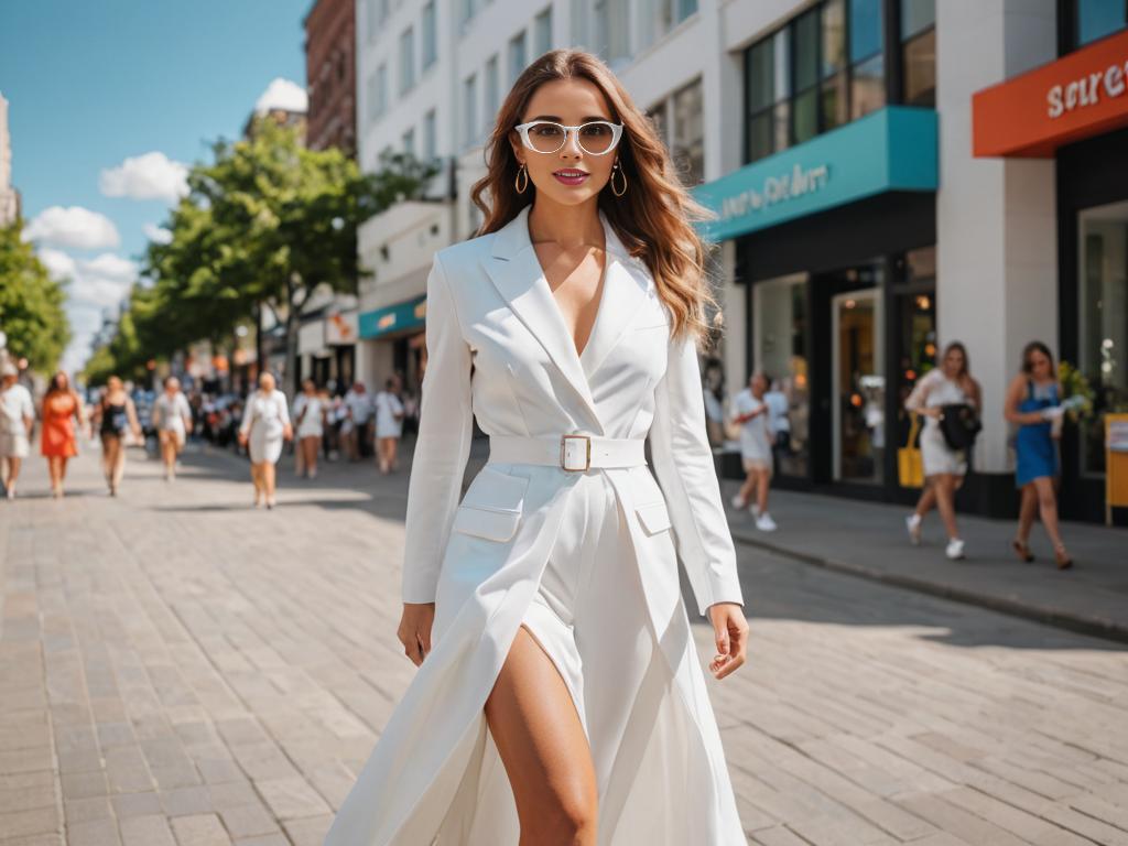 Woman in Vanessa Kensington Costume Strolling Confidently