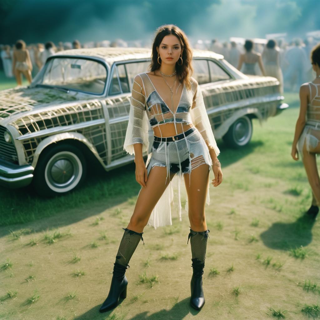 Confident Woman in Stylish Outfit with Vintage Car