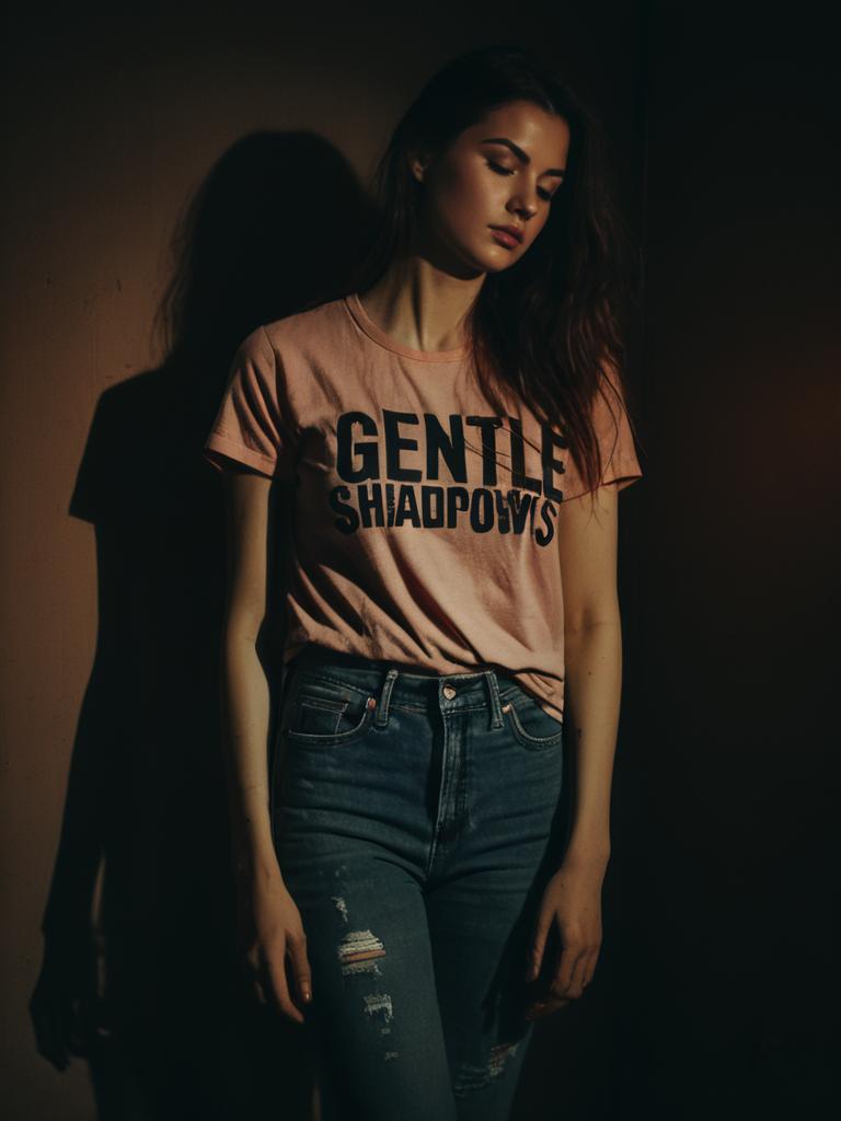 Woman Wearing Casual Graphic T-Shirt with Slogan 'GENTLE SHIADOWS' in Moody Light