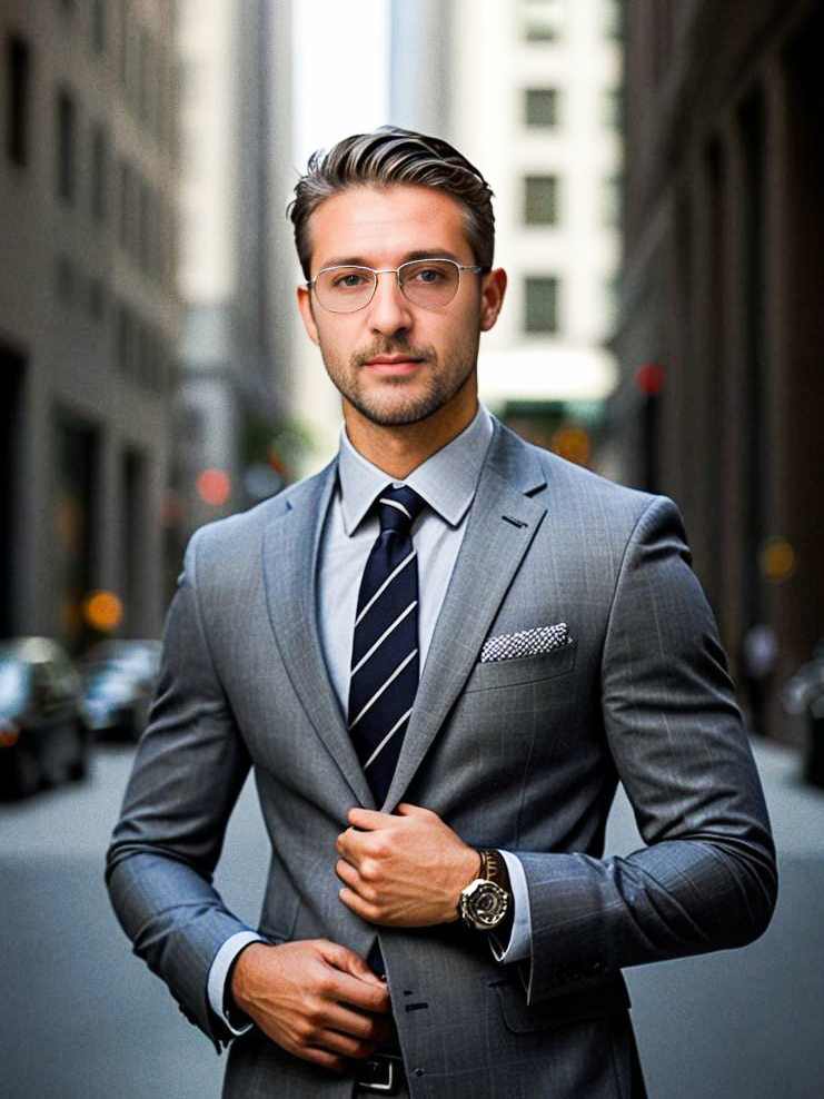 Stylish Man in Gray Suit on City Street