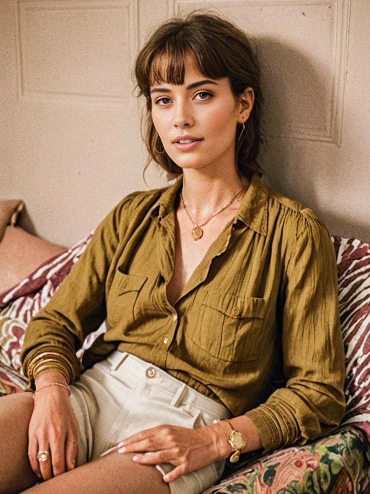 Stylish Woman in Olive Green Blouse and Cream Shorts