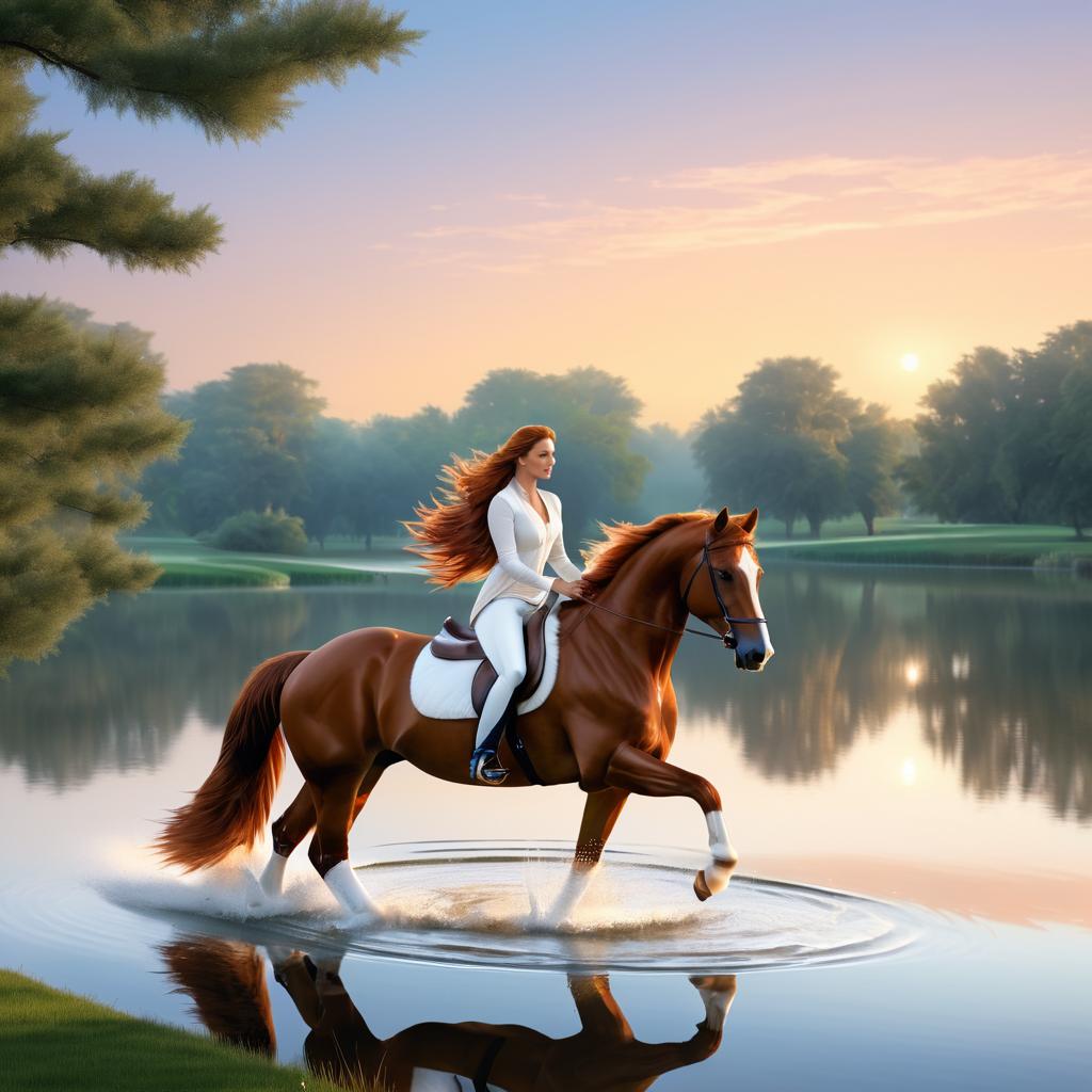 Woman Riding Horse Through Water at Sunset