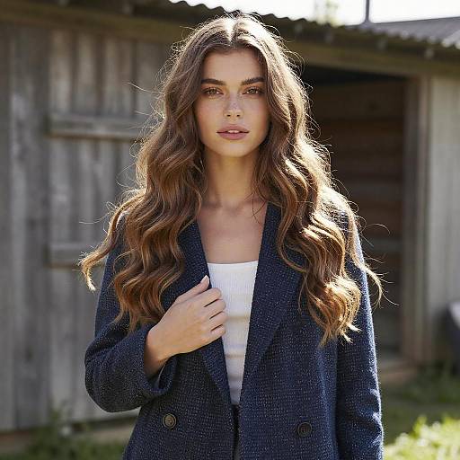 Young Woman in Navy Coat with Wavy Hair Outdoor Portrait