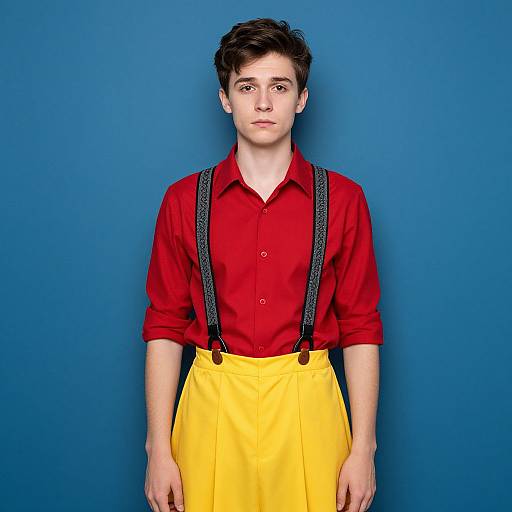 Young Man in Red Shirt and Yellow Pants with Suspenders on Blue Background