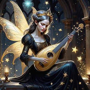 Fairy Woman Playing Lute in Gothic Hall