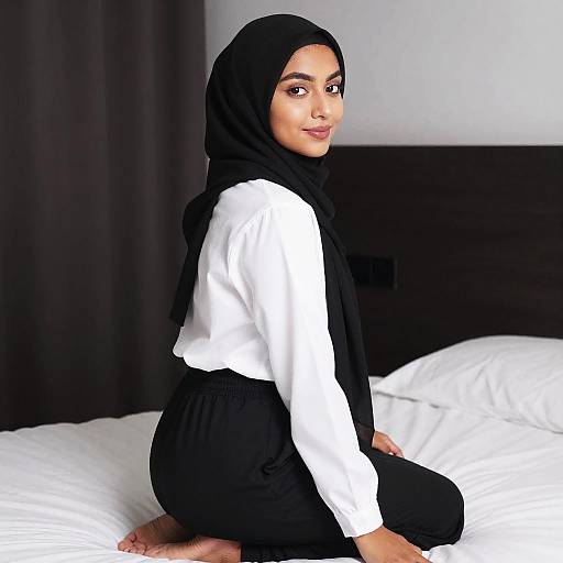 Woman in Black Hijab and White Shirt Sitting on Bed