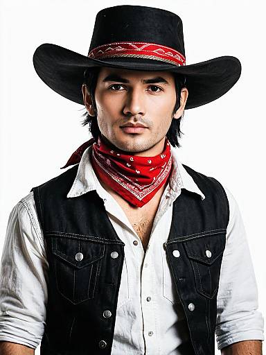 Man Wearing Cowboy Costume with Black Hat and Red Bandana