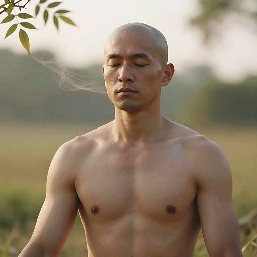 Meditating Shirtless Man Practicing Mindfulness Outdoors