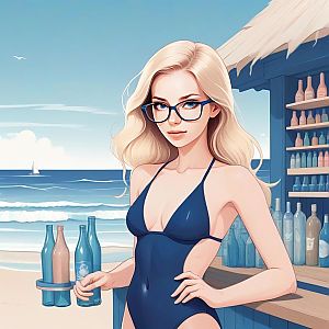 Stylish woman by beach bar in navy swimsuit