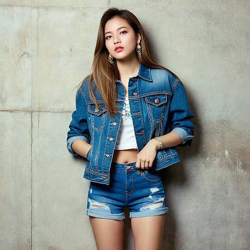 Young Woman Posing in Denim Jacket and Distressed Shorts Against Concrete Wall