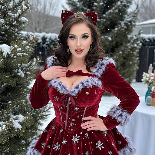 Woman in Festive Red Velvet Dress with Snowflake Pattern in Winter Setting