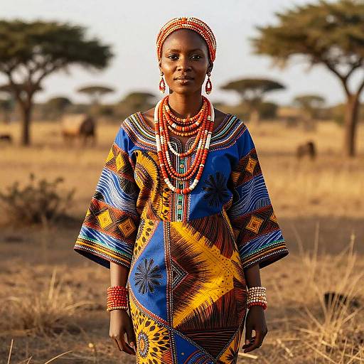 African Woman in Vibrant Traditional Dress and Beaded Jewelry in Savannah