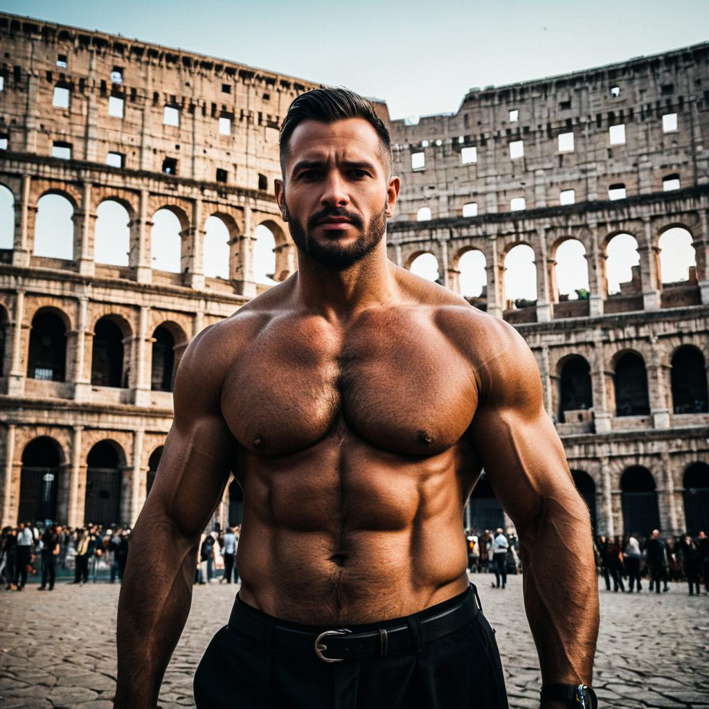 Muscular Man in Front of Roman Amphitheater