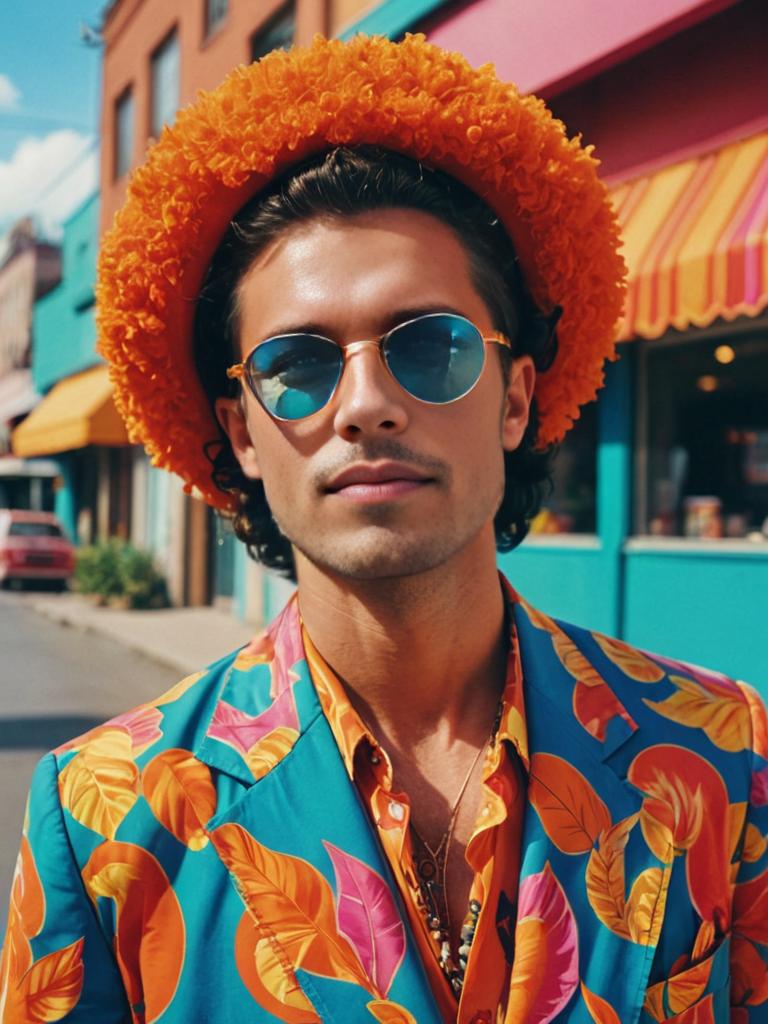 Fashionable man in vibrant orange hat and sunglasses