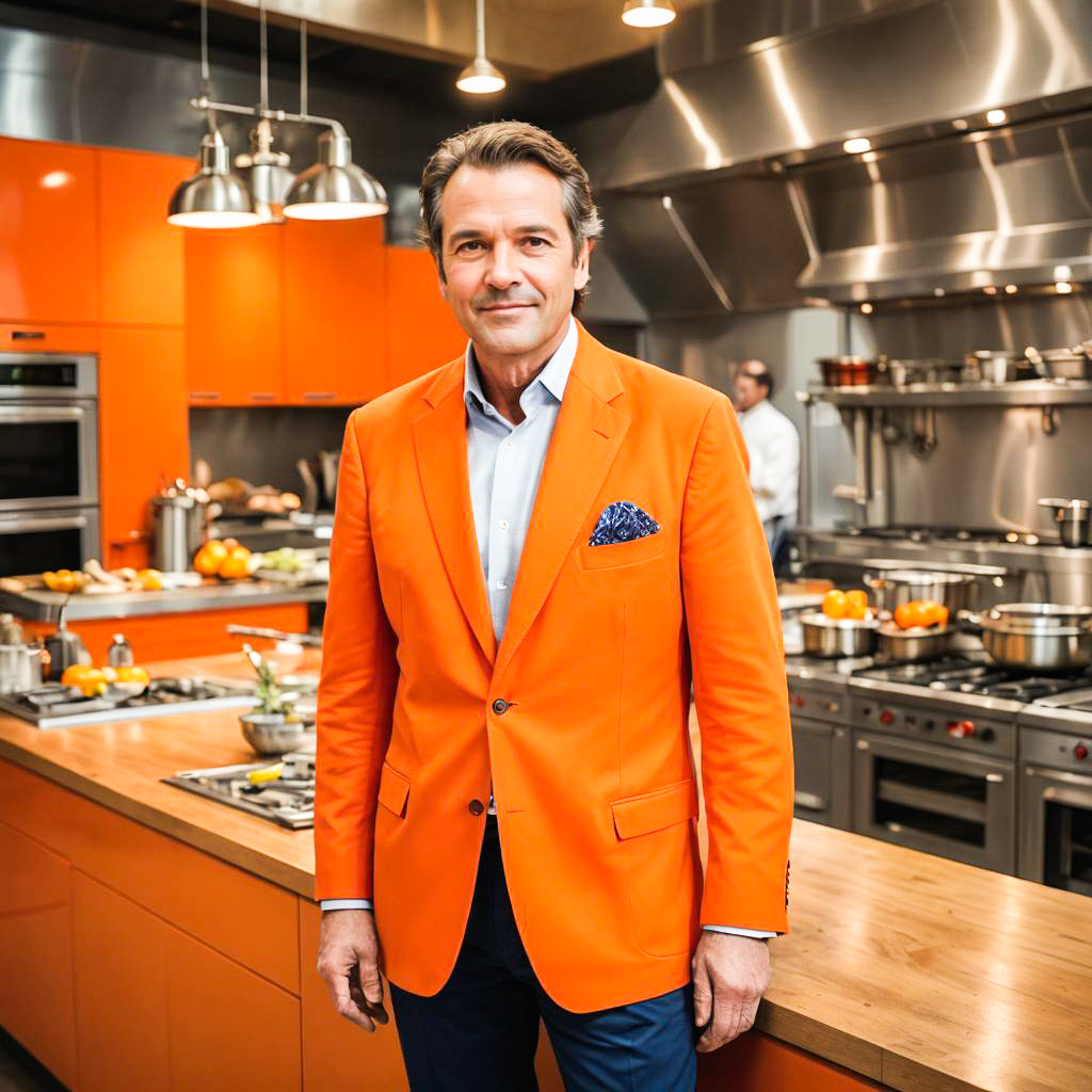 Confident Man in Stylish Orange Kitchen