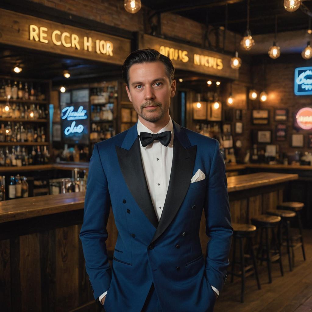 Confident Man in Blue Suit at Elegant Bar