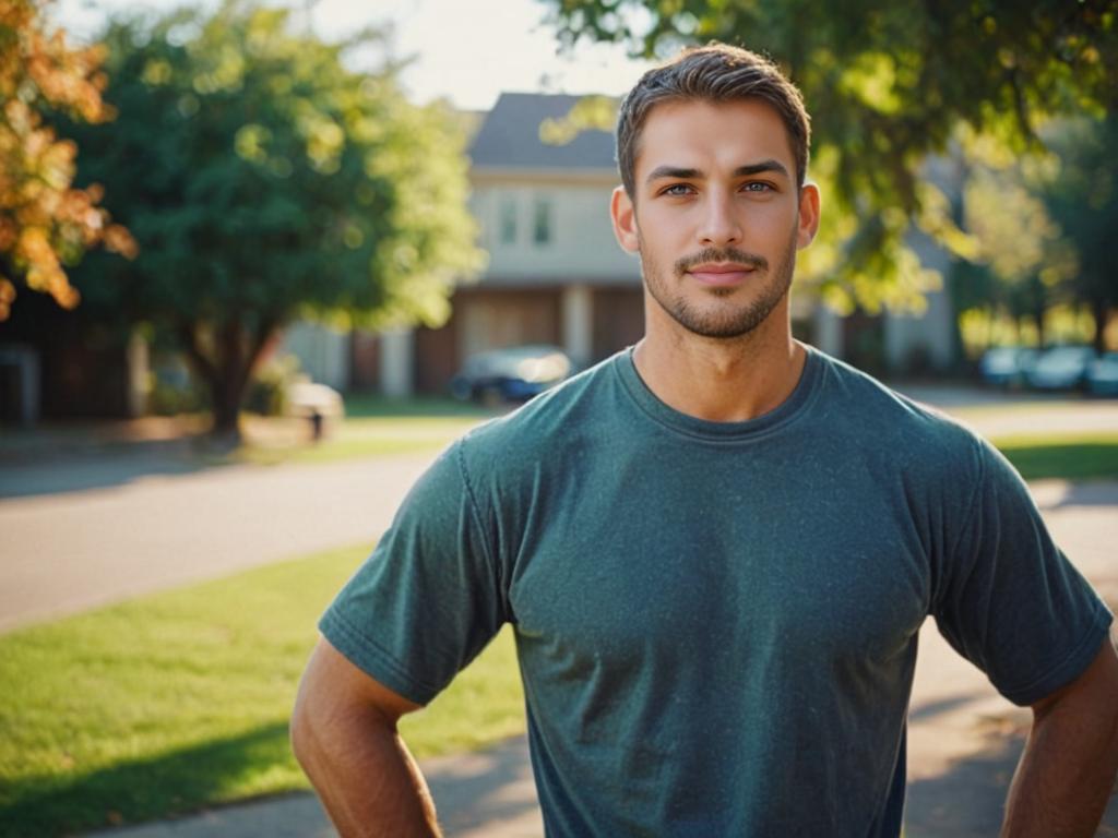 Confident Young Man in Suburban Neighborhood