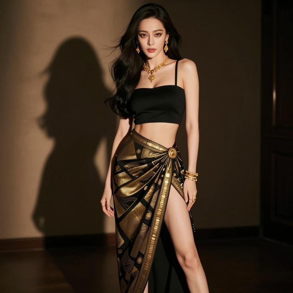Elegant Woman in Black and Gold Modern Wrap Skirt Outfit
