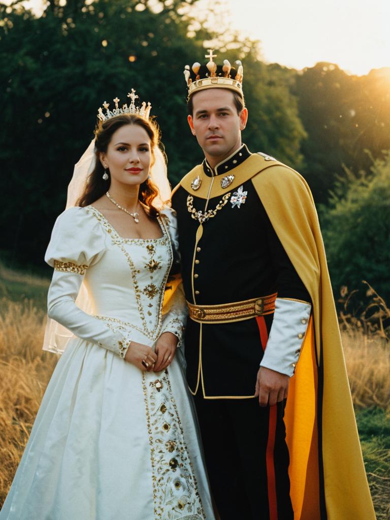 Couple in King and Queen Costumes Photorealistic Outdoor Portrait Couple in King and Queen Costumes Photorealistic Outdoor Portrait