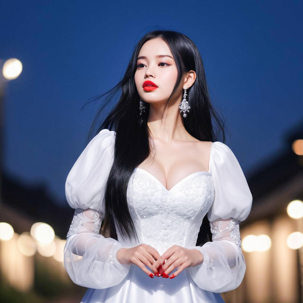 Elegant Woman in White Gown with Lace Detail
